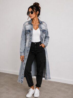 Light Wash Distressed Longline Denim Jacket Oversized Jean Jacket NWT